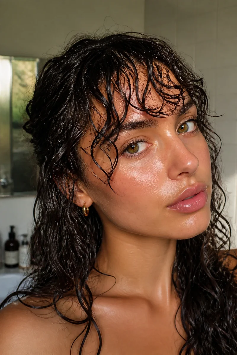 Woman with a wet-look fringe and glossy curls