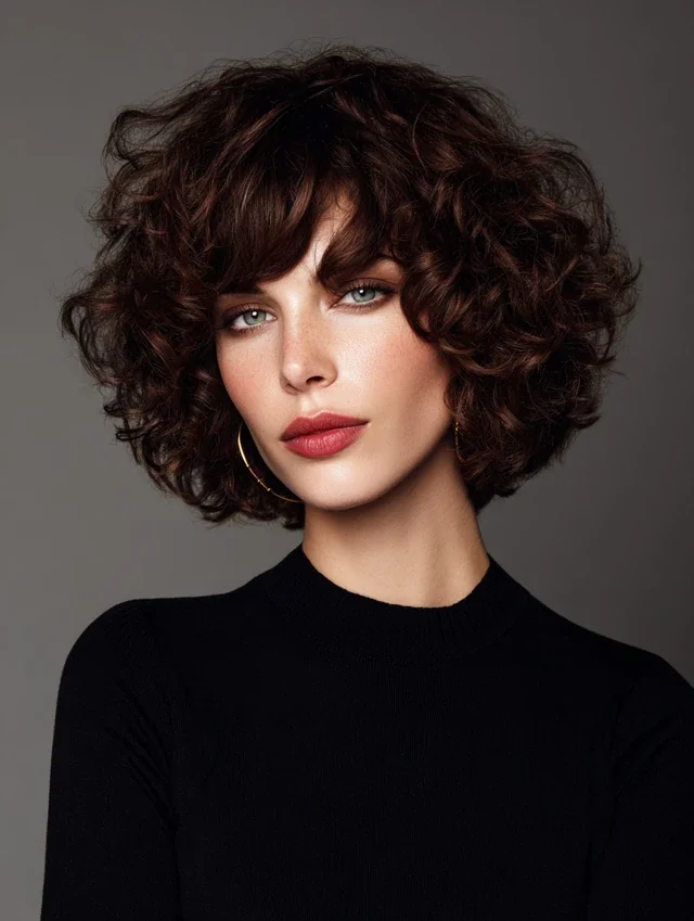 Woman with a curly French bob and bangs