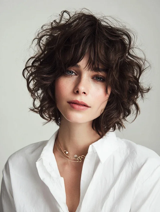 Woman with a textured curly lob and bangs