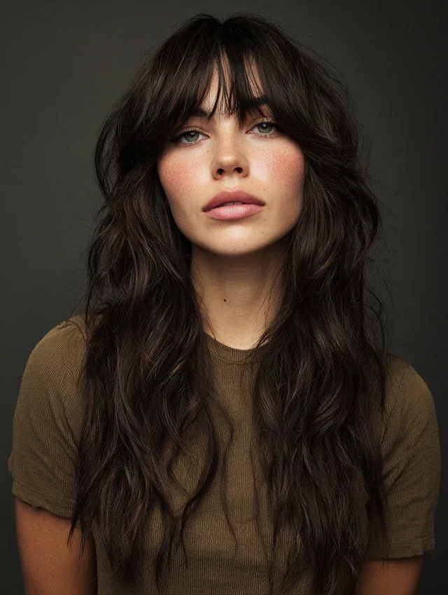 Woman with wispy face framing bangs and wavy hair