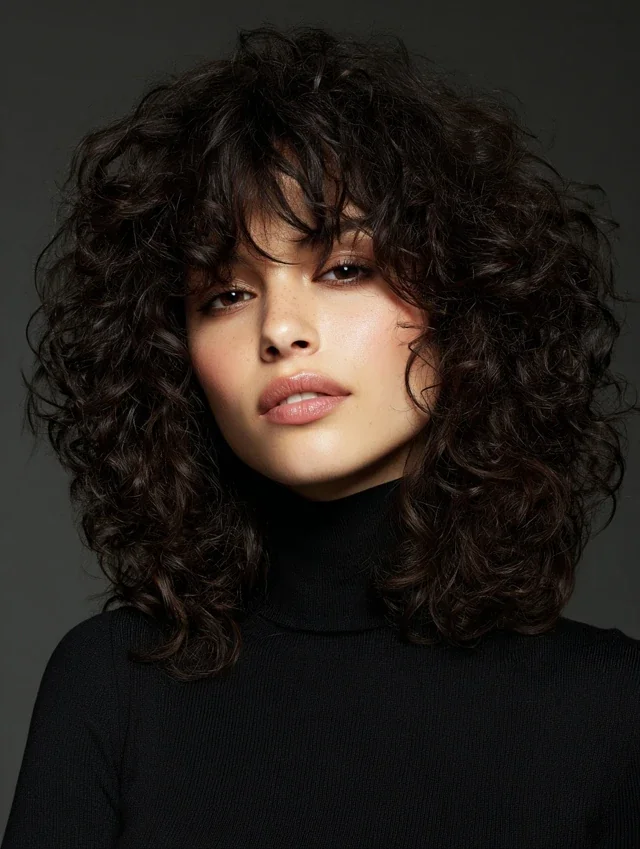 Woman with a curly shag haircut and bangs