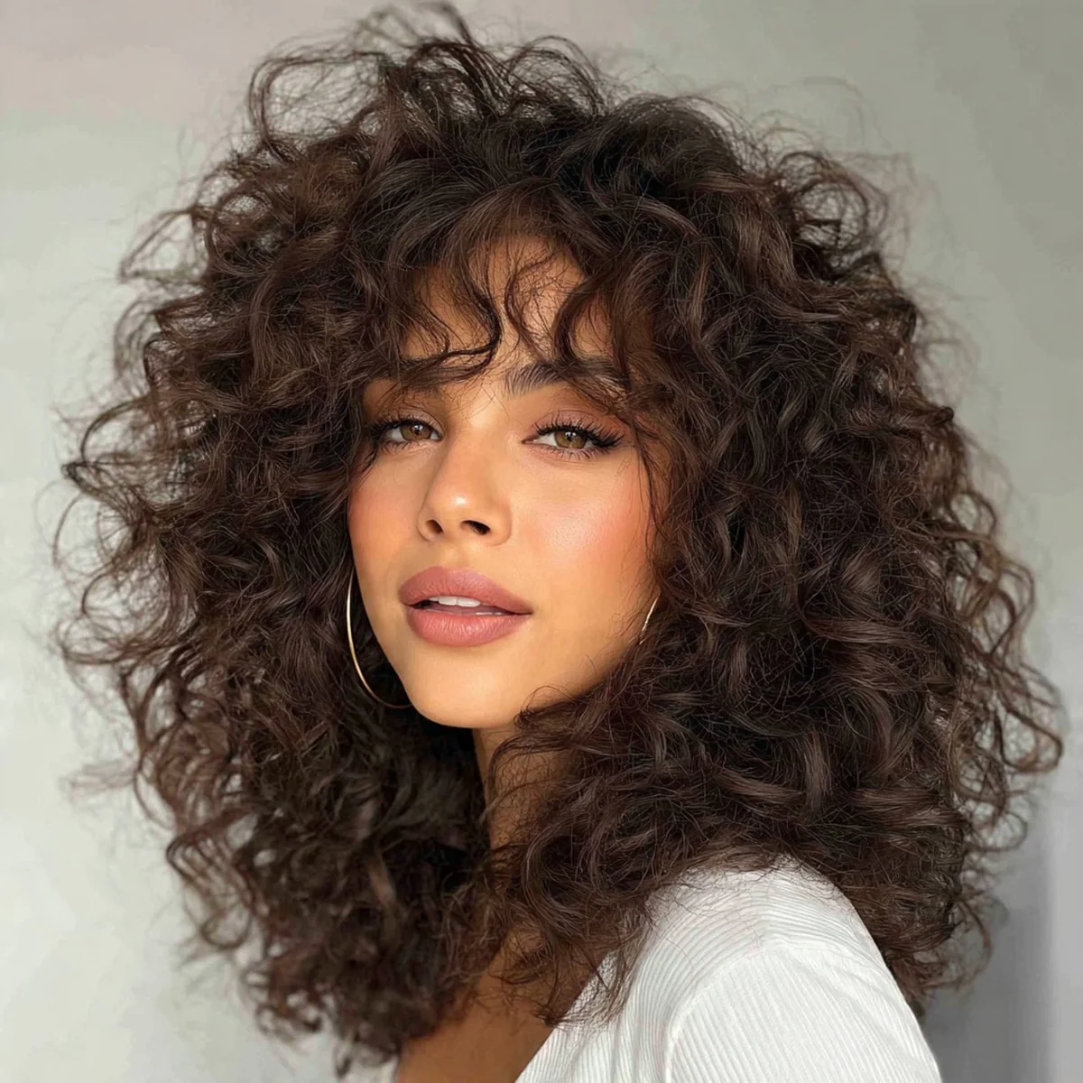 Woman with bouncy blowout bangs and voluminous curls