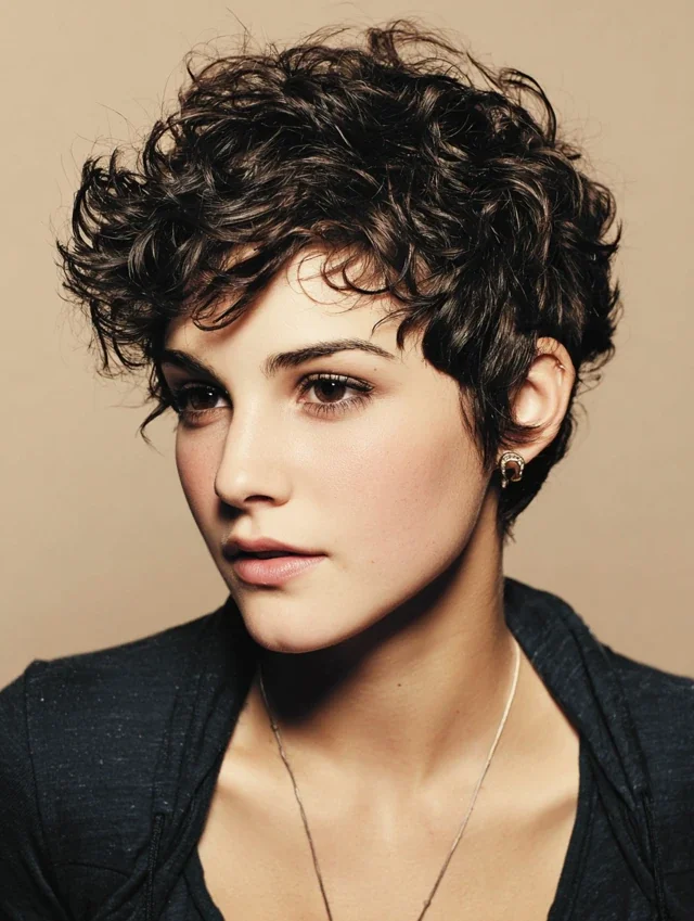 Woman with a tapered pixie cut and curly fringe
