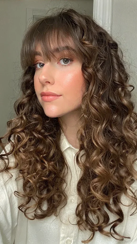 Woman with wispy curtain bangs and curly hair