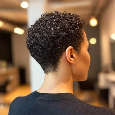 Woman with a tapered coily crop haircut