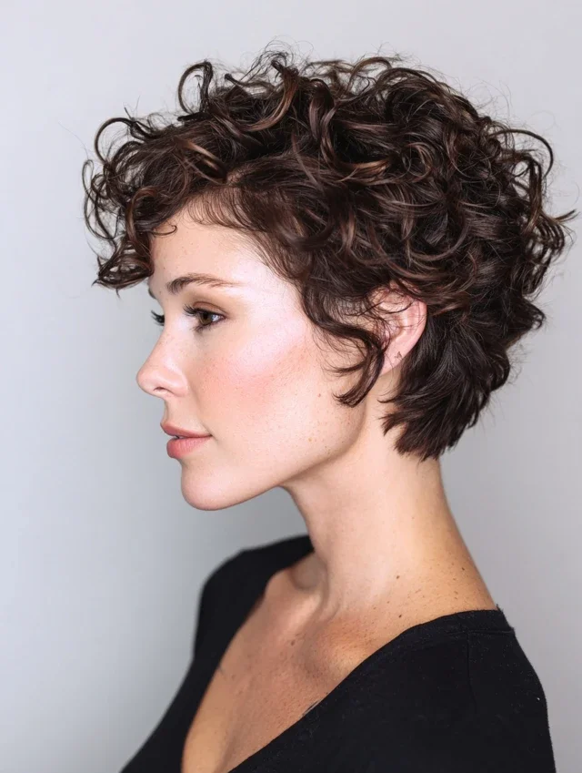 Woman with chin length bouncy curls