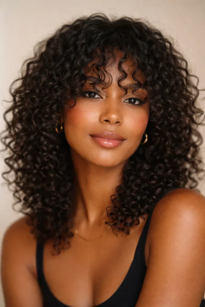 Woman with a sleek center part and curly hair