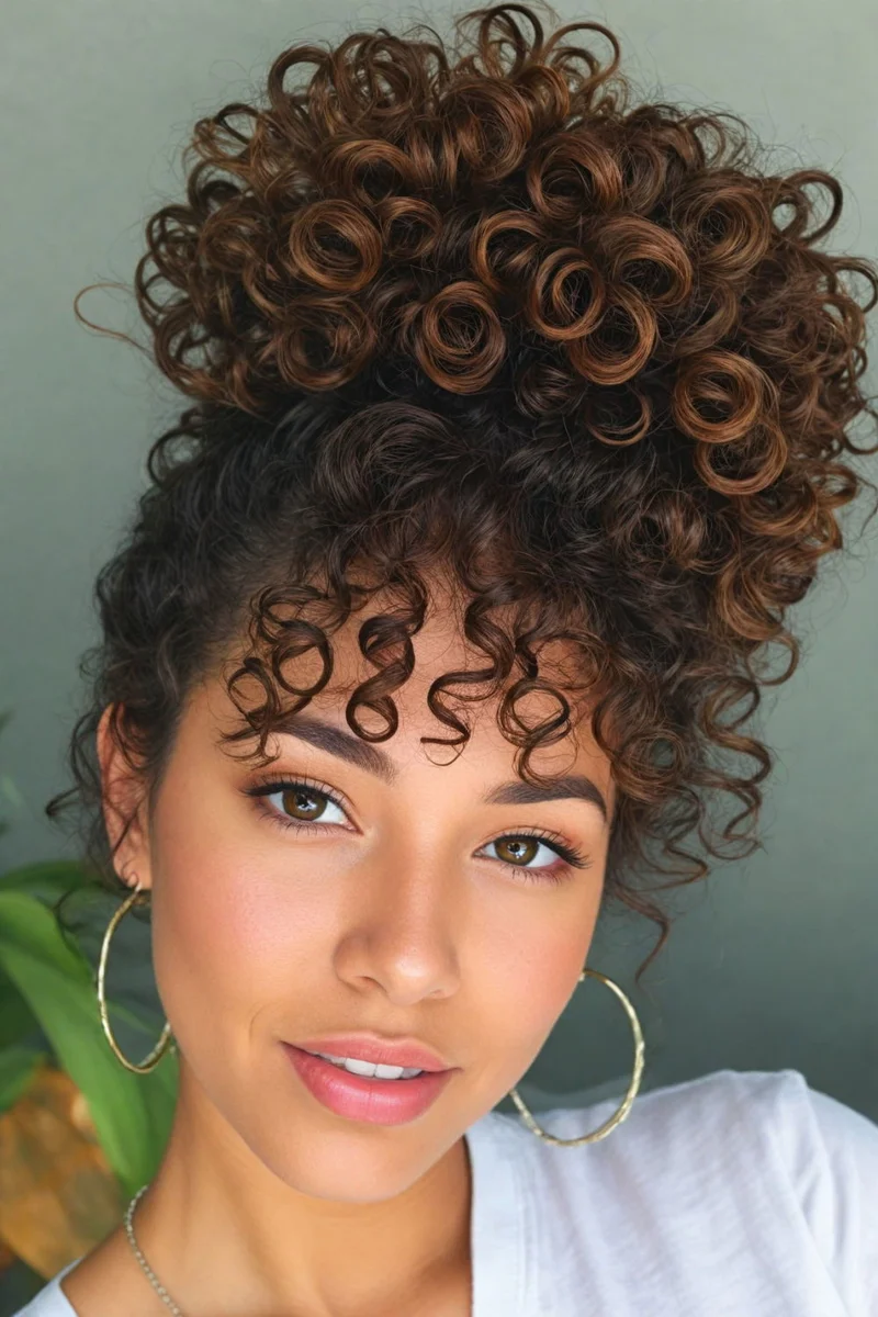 Woman with a playful pineapple updo in curly hair