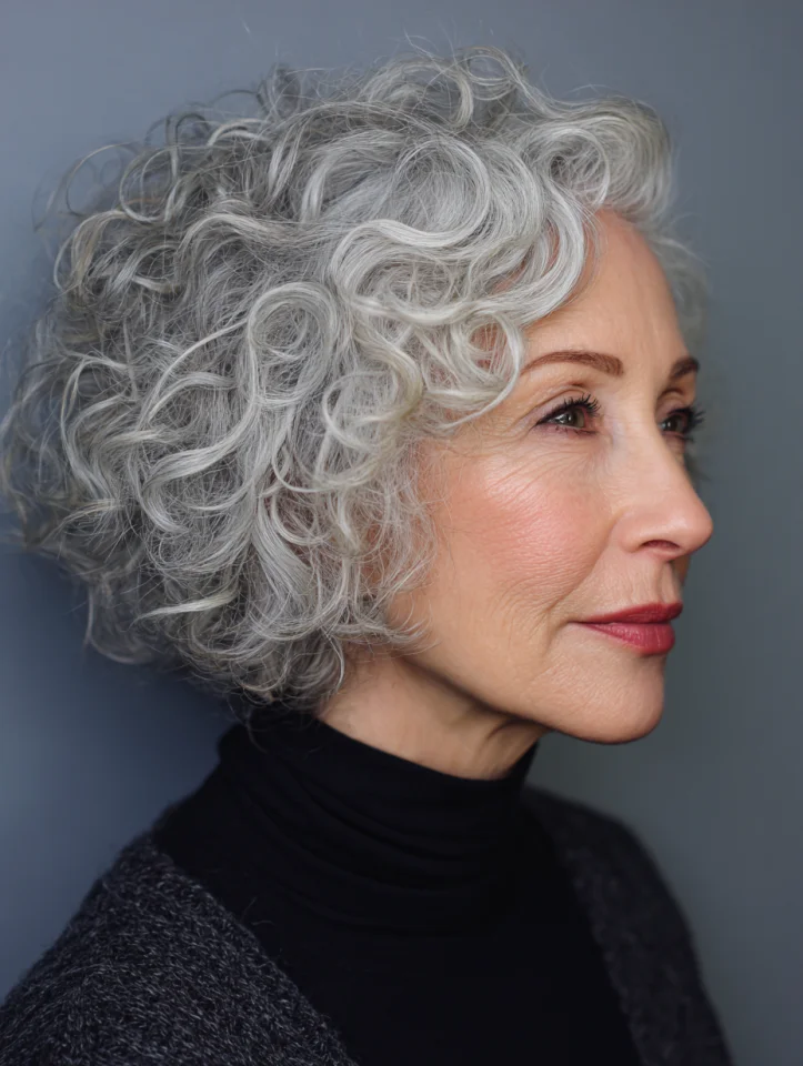 Woman with a silver curly pixie cut