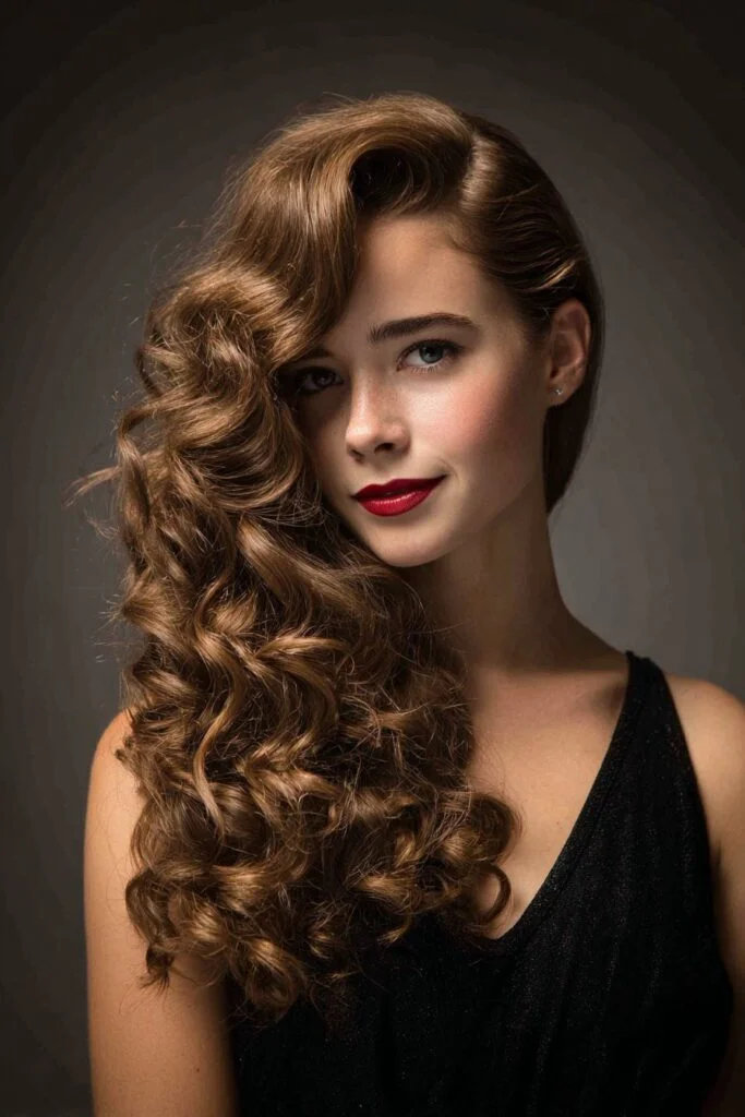 Woman with side swept curly waves