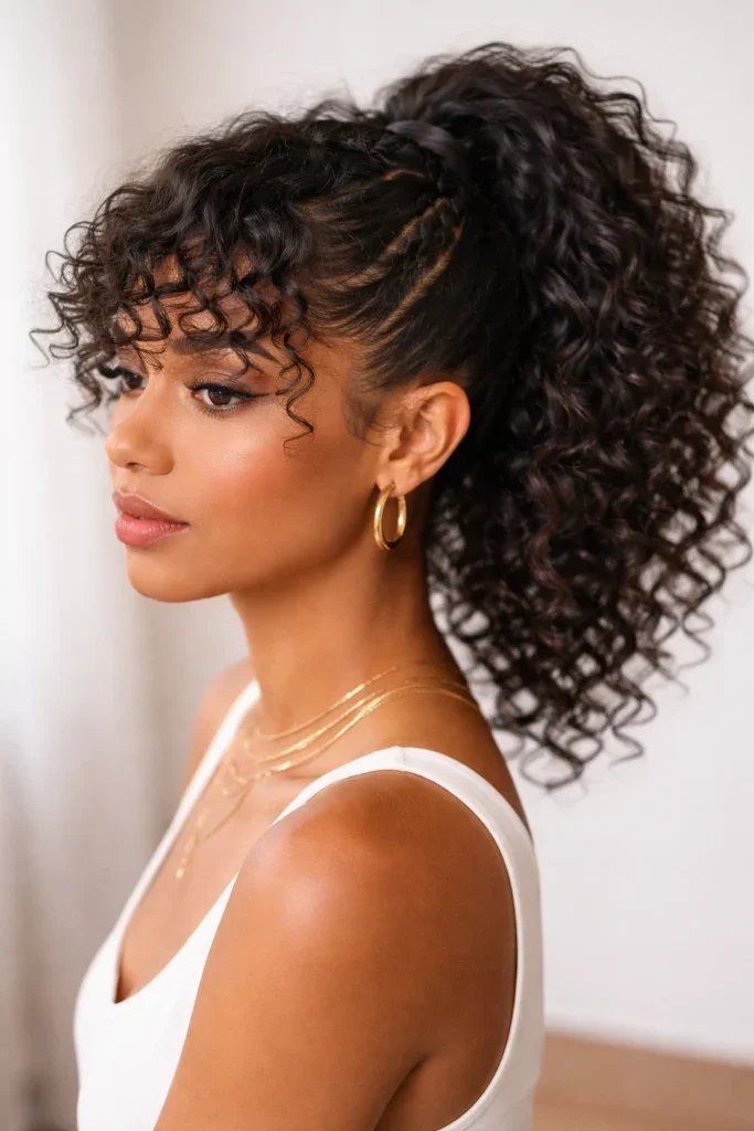 Woman with curly bangs and a ponytail