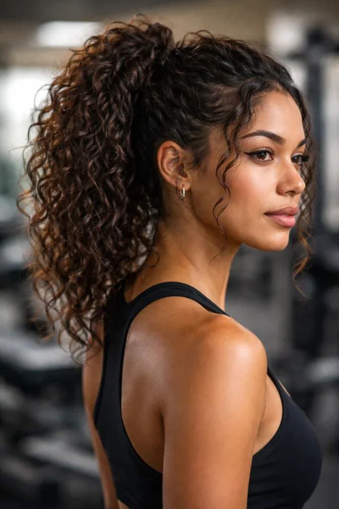 Woman with a gym ready curly pony