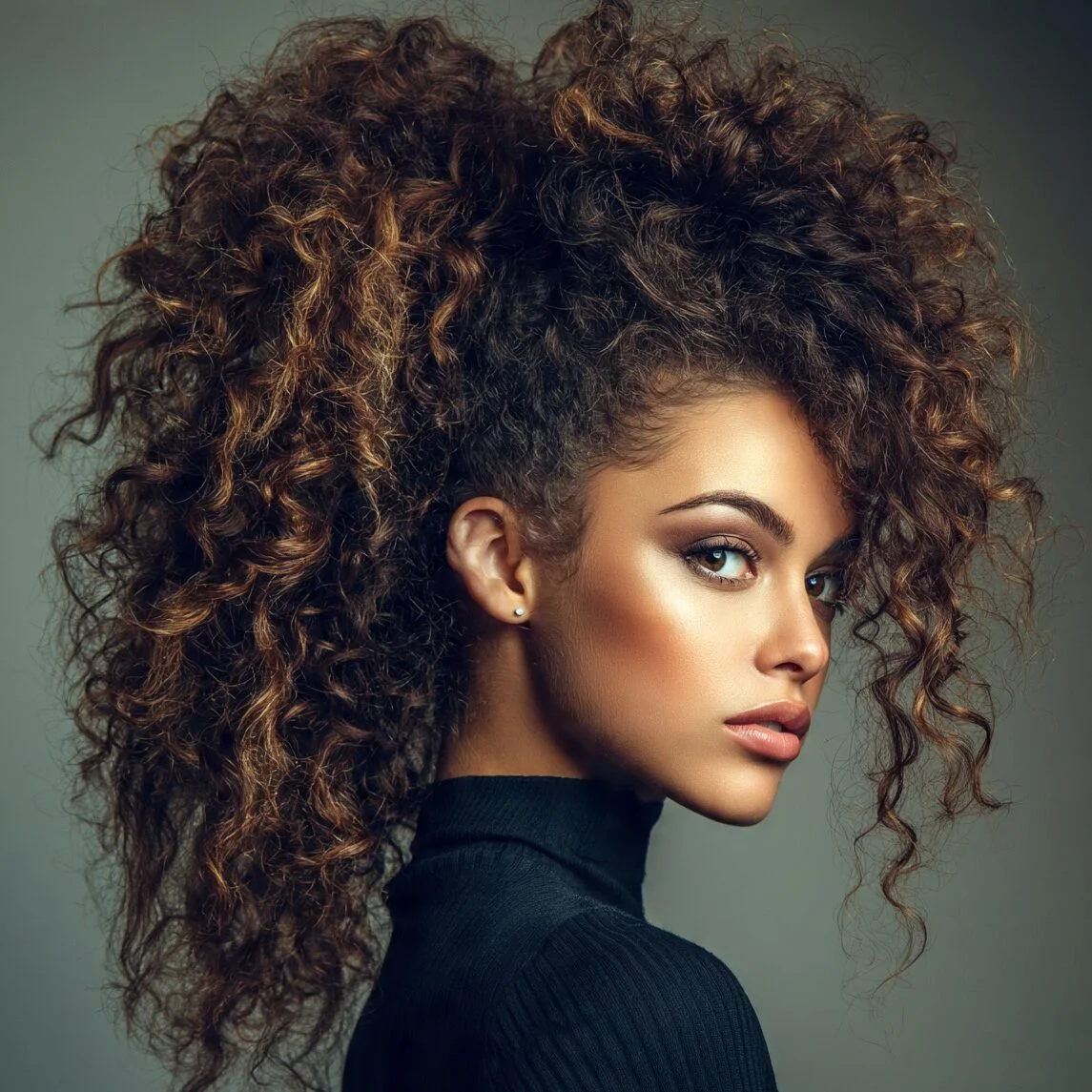 Woman with a textured messy curly pony