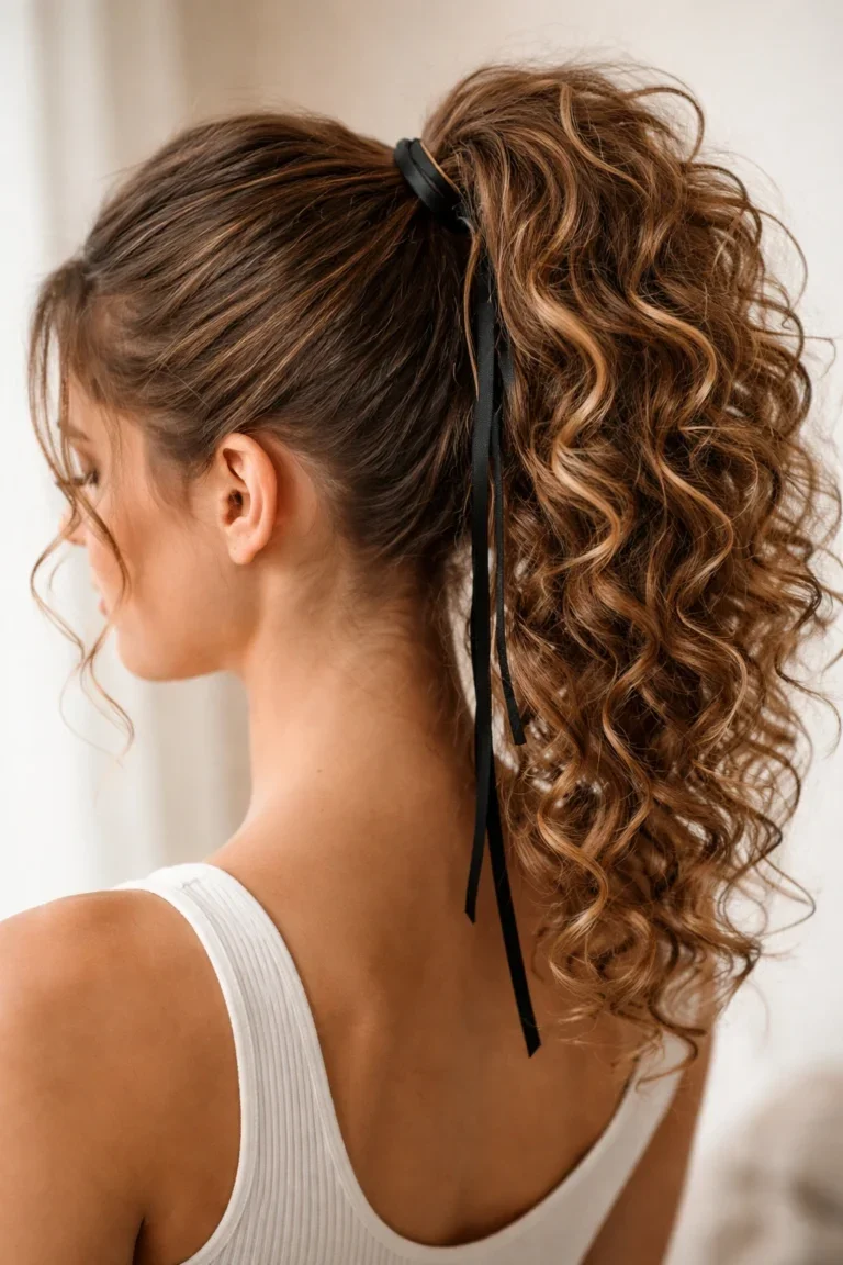 Woman with a ribbon bow accent on a curly pony