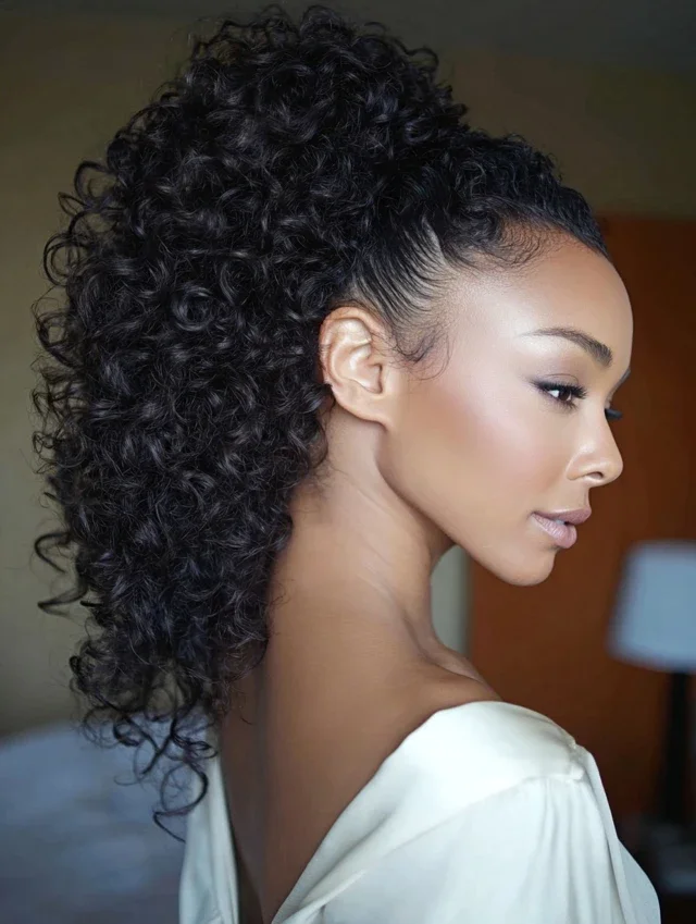 Woman with a layered curly pony