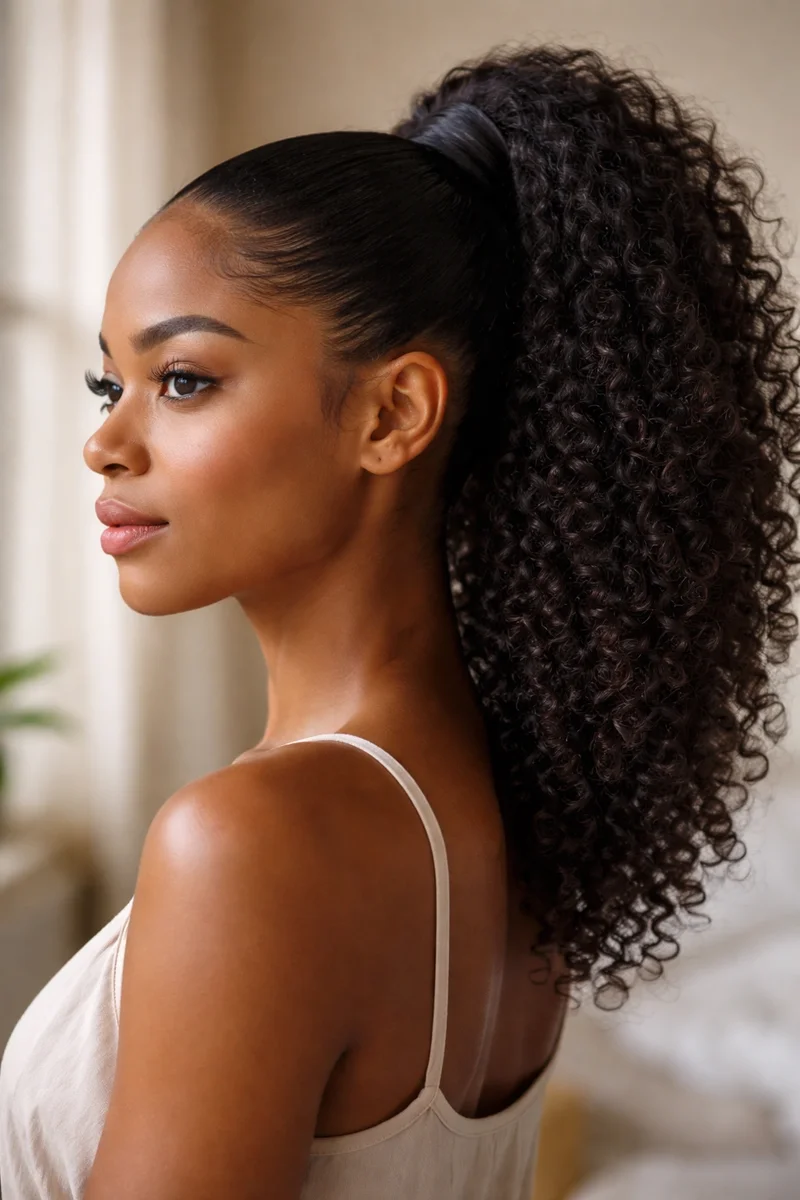 Woman with sleek smooth roots and a curly pony