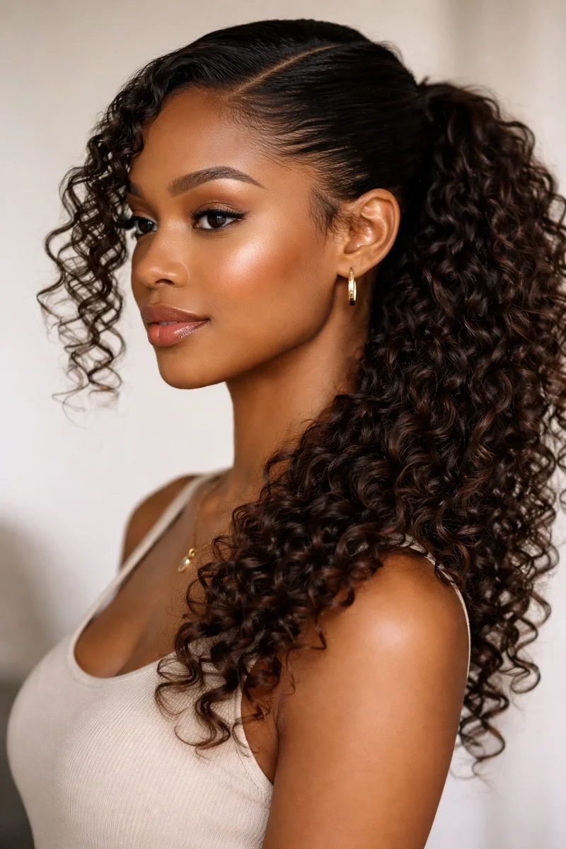 Woman with side swept curls in a ponytail