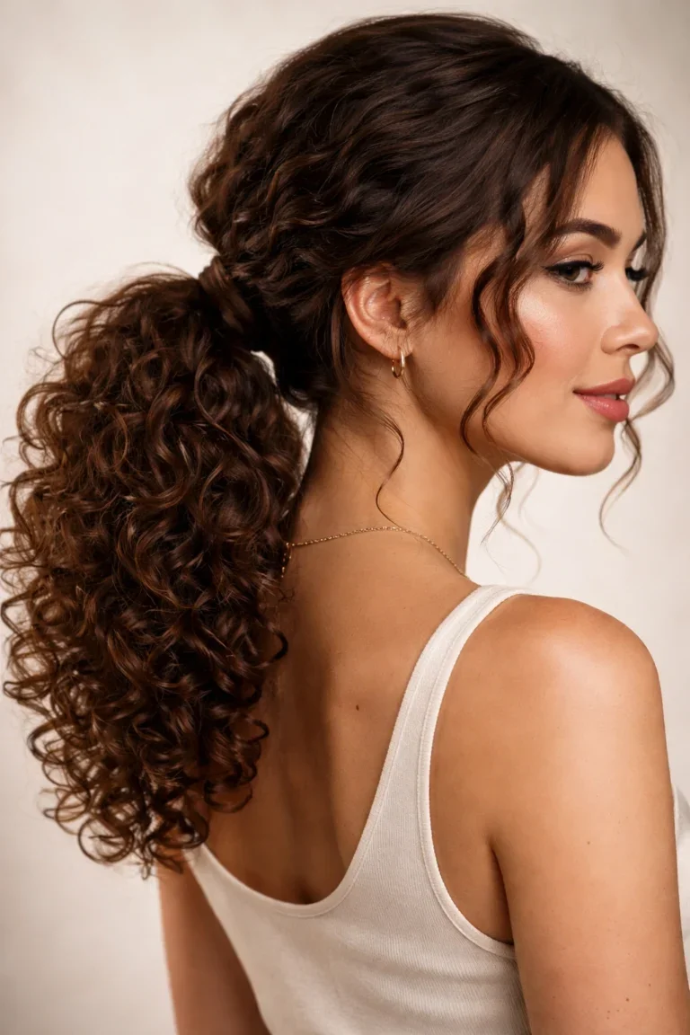 Woman with an elegant low curly pony