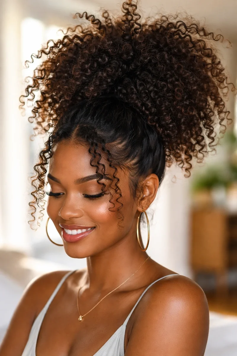 Woman with a pineapple pony updo in curly hair