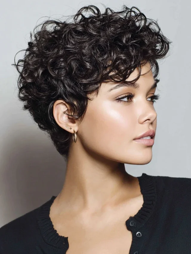 Woman with sculpted coil shape curly pixie