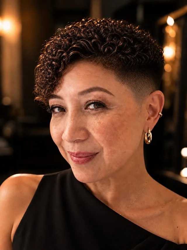 Woman with curly undercut pixie style