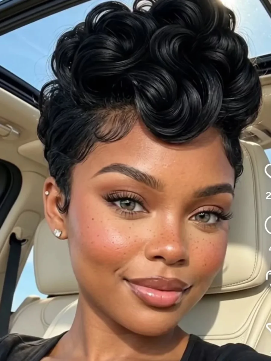Woman with voluminous crown curls curly pixie