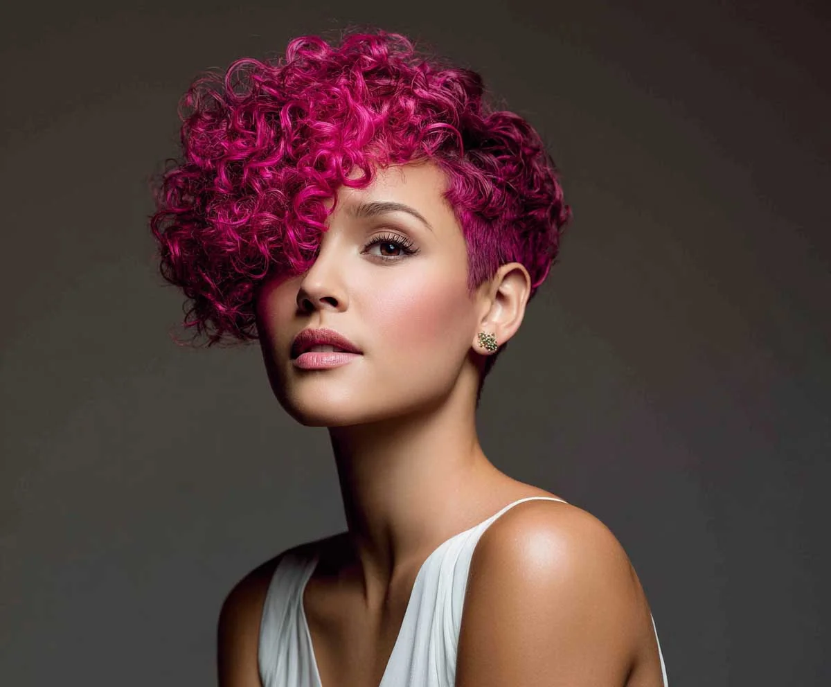 Woman with asymmetrical curly pixie cut