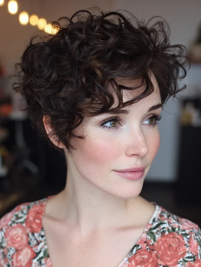 Woman with soft curly fringe pixie cut