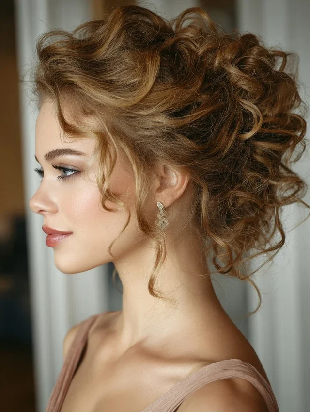 Woman with a classic romantic curly updo for prom