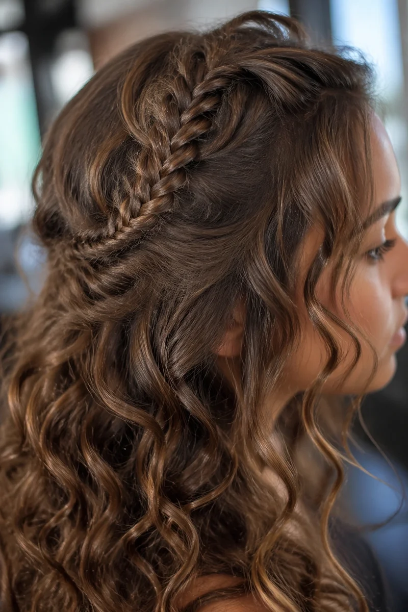 Woman with a fishtail braid blended into curly prom hair
