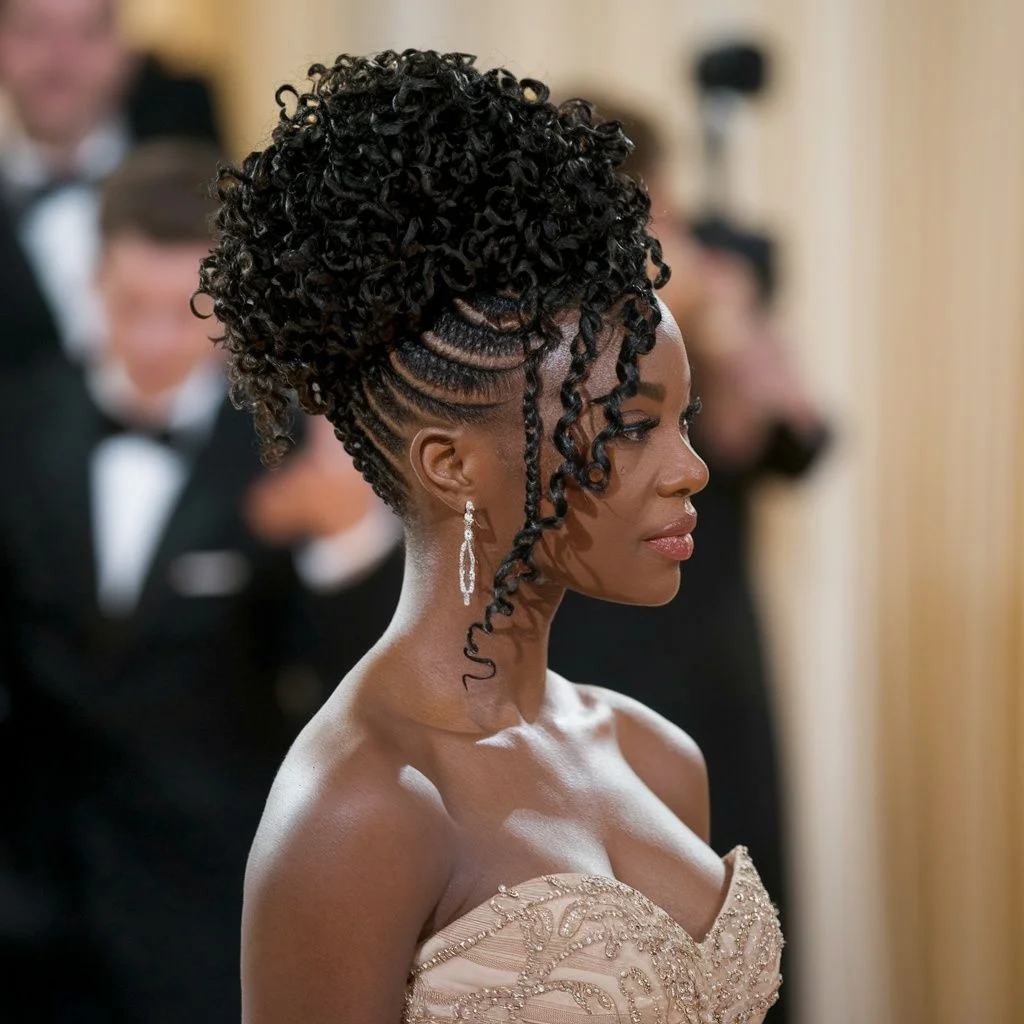 Woman with a sleek front curly updo for prom