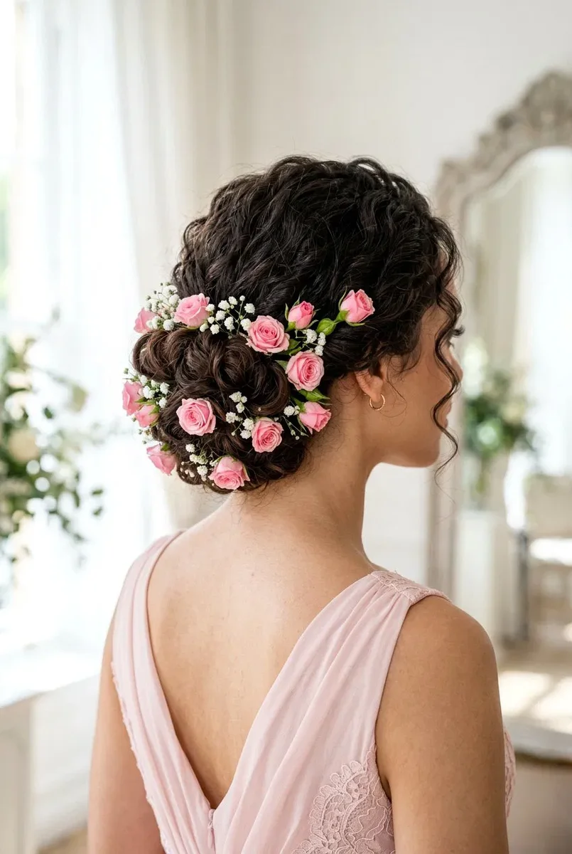 Woman with a floral accent curly updo for prom