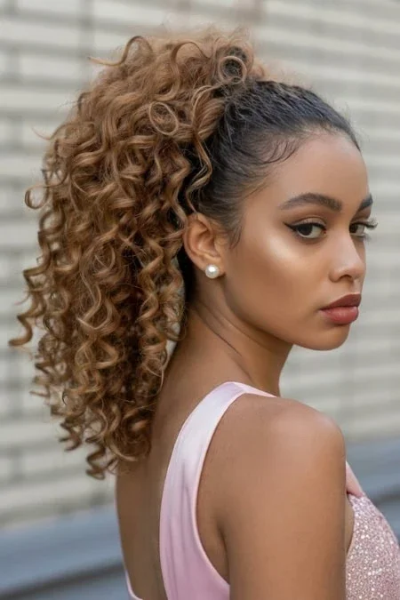 Woman with a polished high curly ponytail for prom