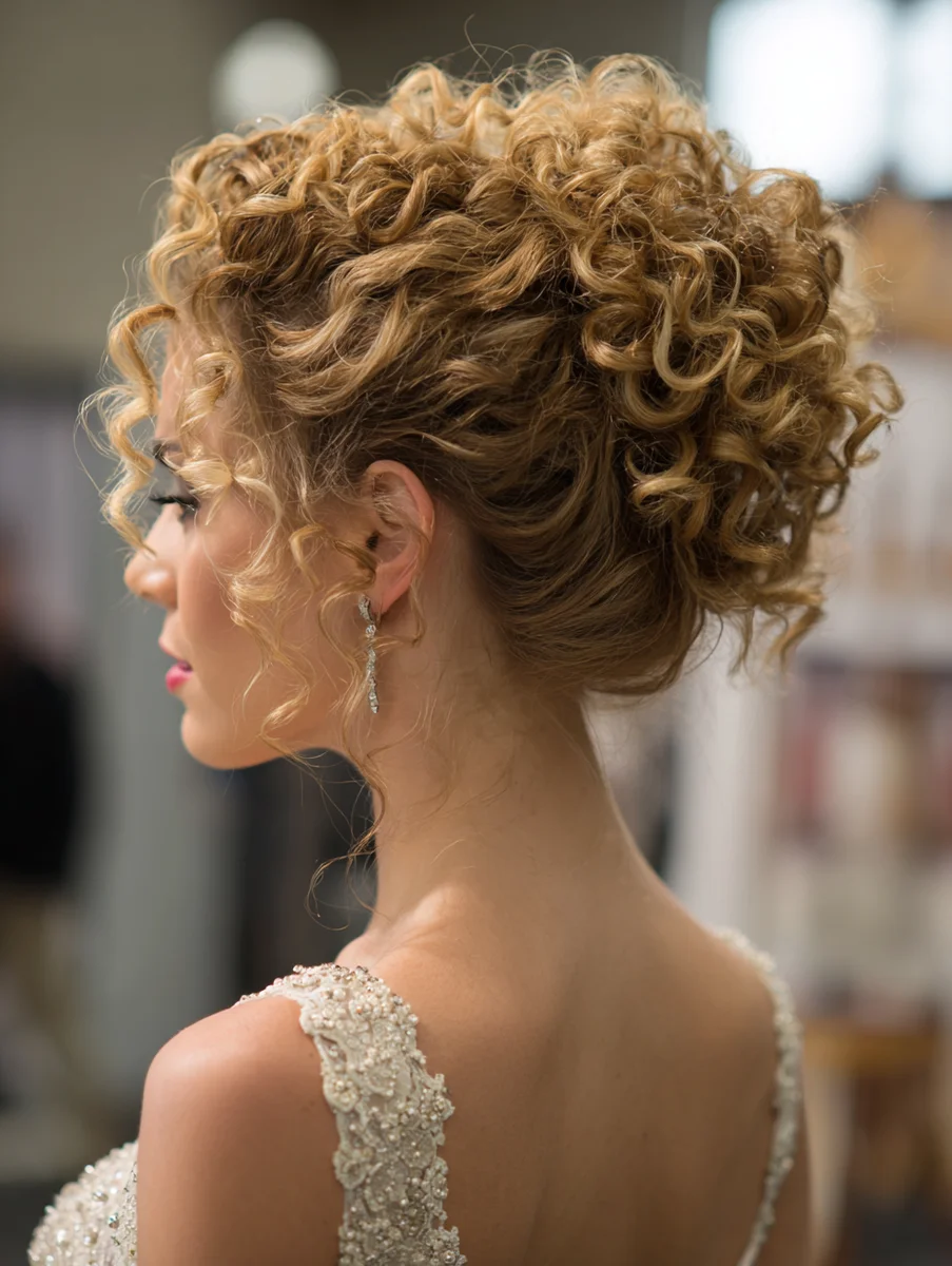 Woman with a high curly bun updo for prom