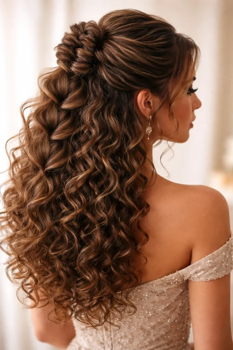 Woman with a braided crown accent in curly prom hair