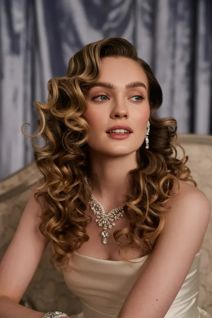 Woman with glam Hollywood waves for prom