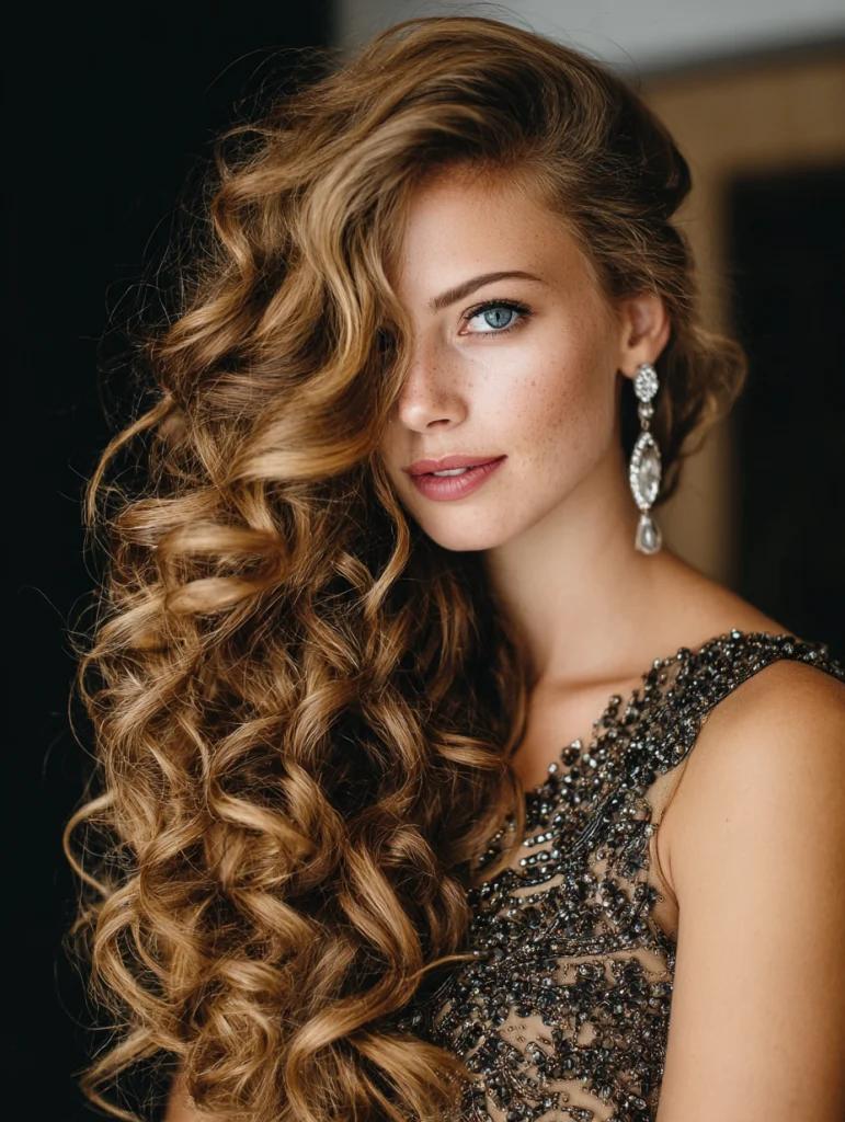 Woman with pinned cascade curls for prom
