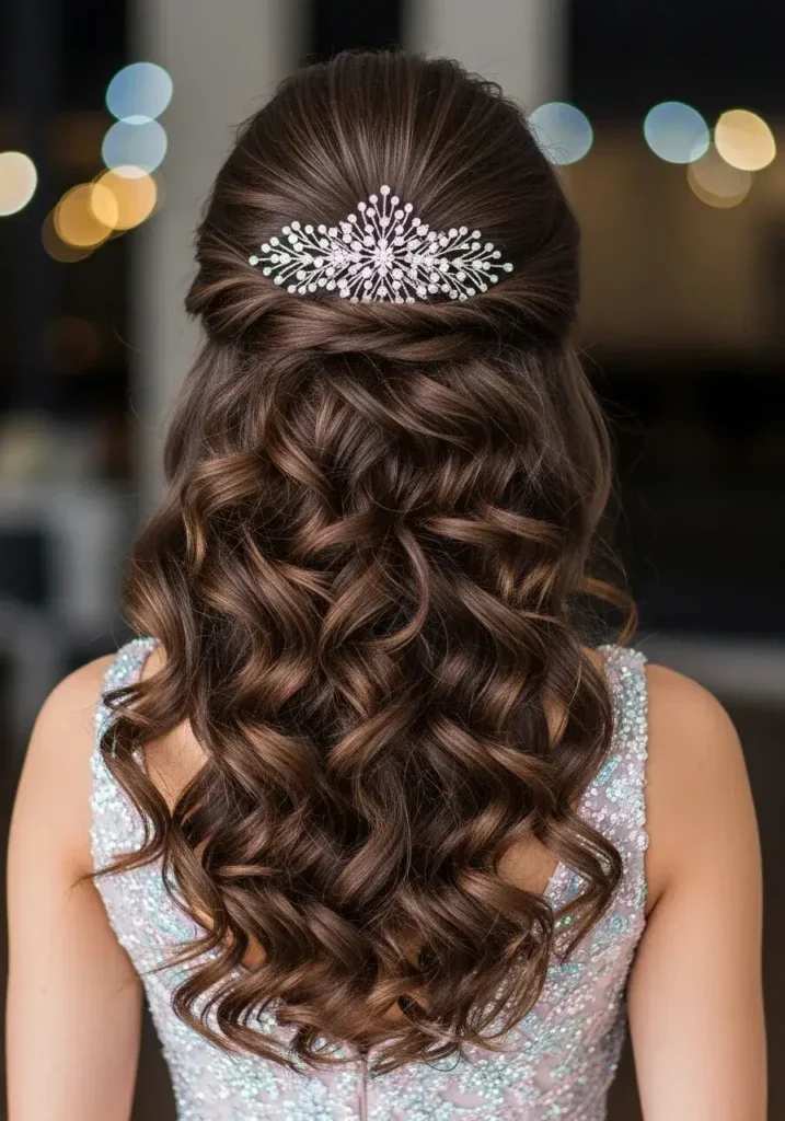 Woman with a sparkling hair accessory in curly prom hair