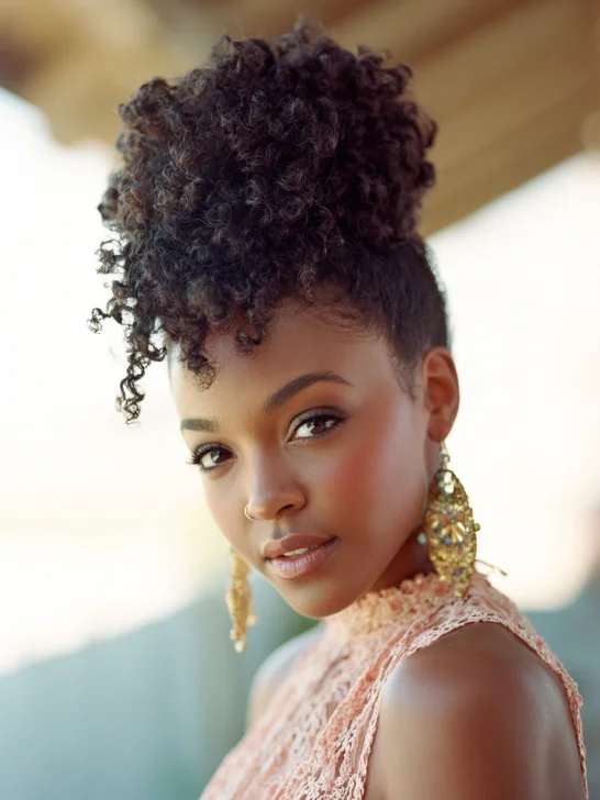 Woman with a wrapped high bun of curly hair