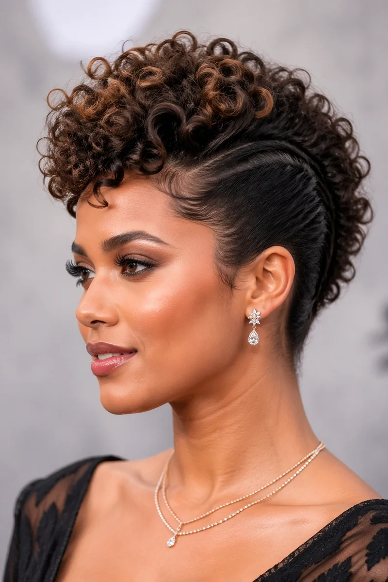 Woman with a curly faux hawk updo