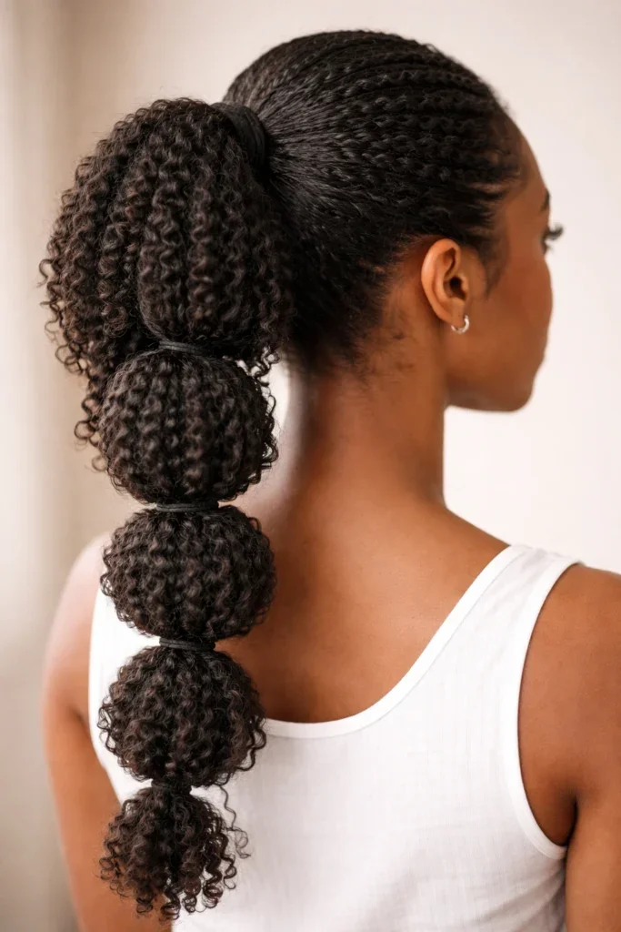 Woman with a bubble high ponytail of curly hair
