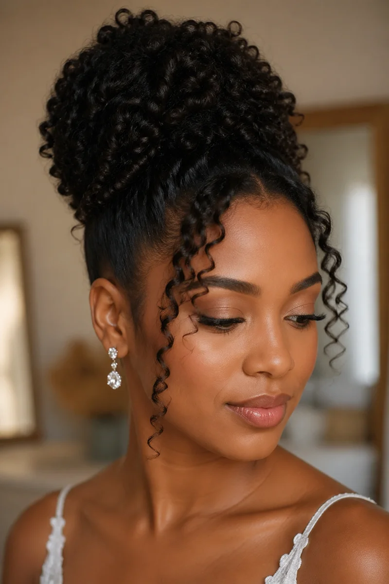 Woman with an elegant bridal curly bun updo