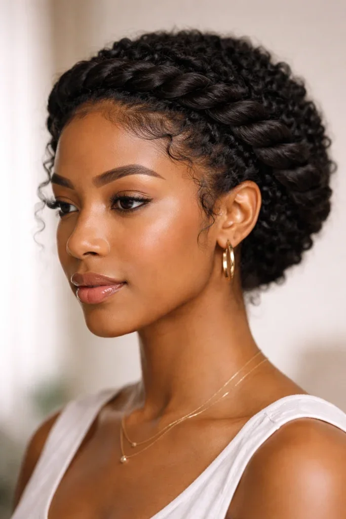 Woman with a twisted halo braid in curly hair