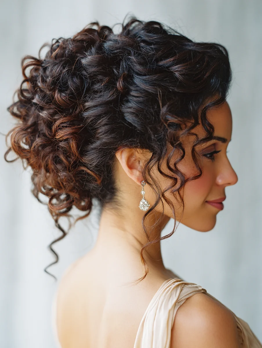 Woman with a side swept curly chignon updo