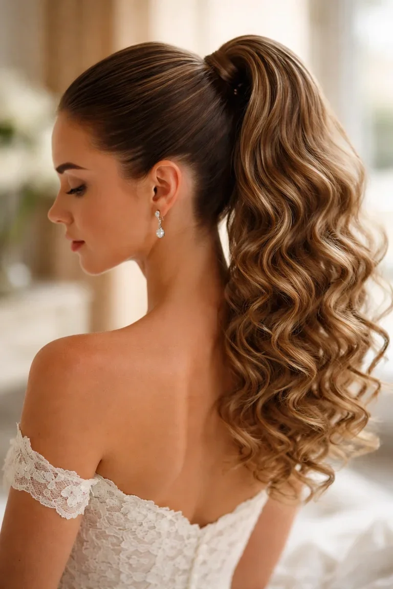 Bride with a bridal high curly ponytail