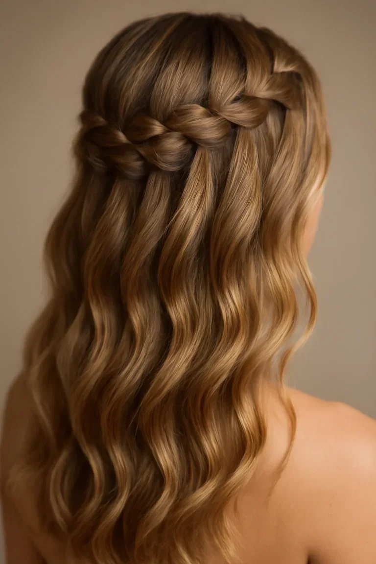 Bride with a curly waterfall braid