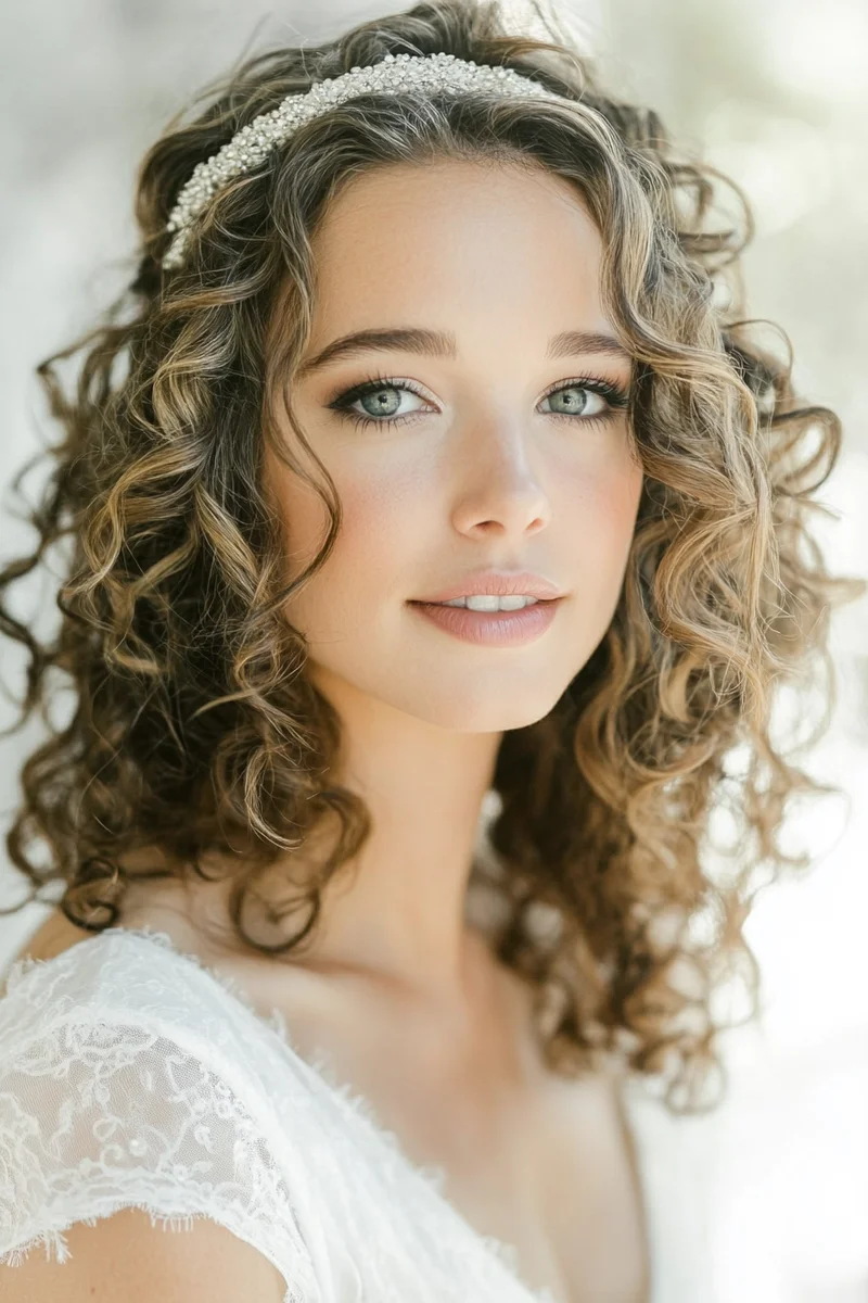 Bride with crystal headband in curly hair
