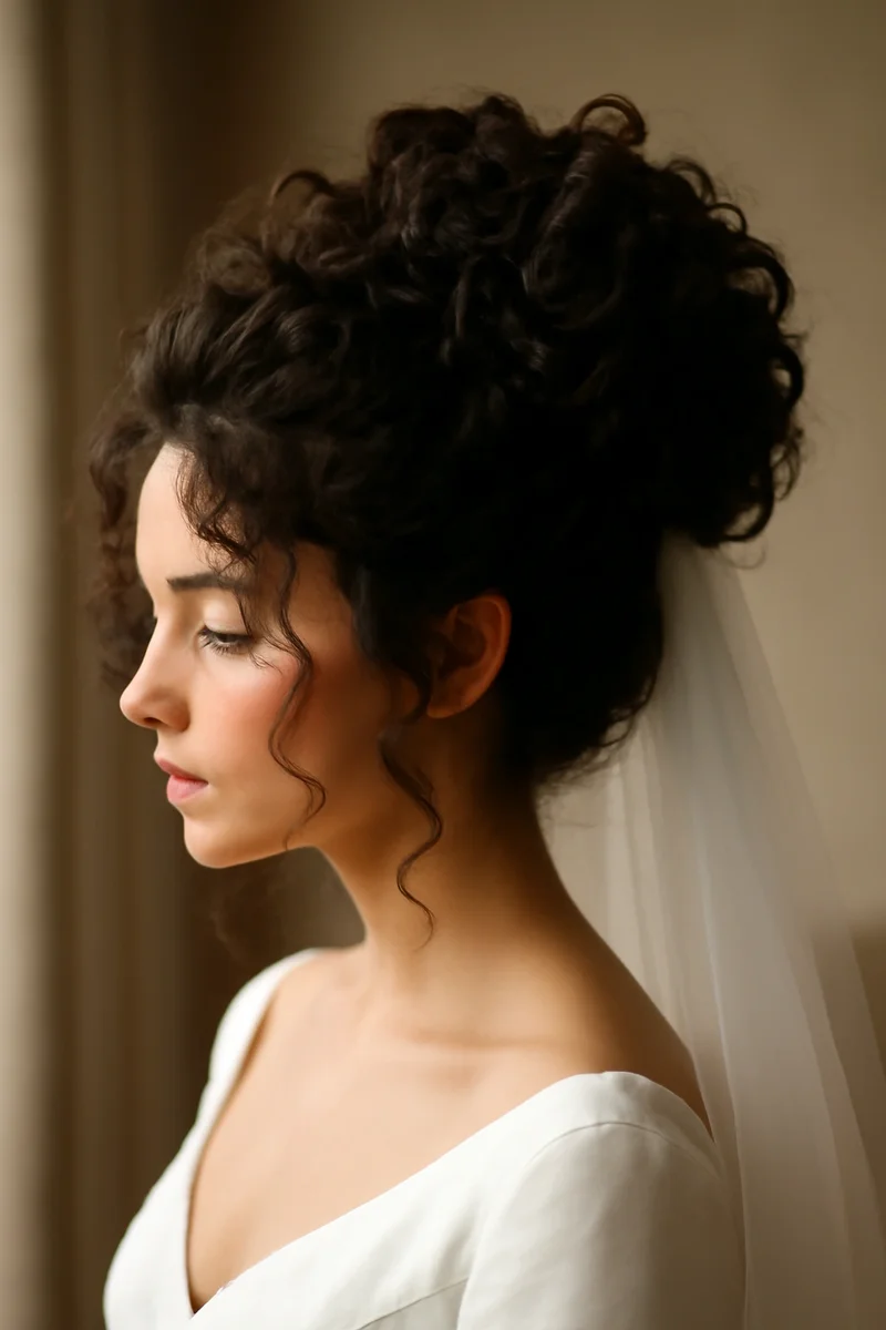 Bride with a modern messy curly updo