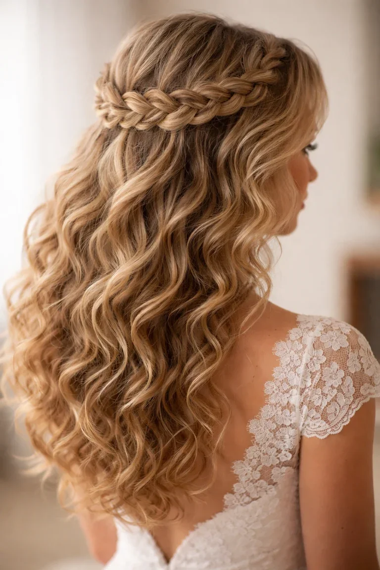 Bride with a braided halo crown in curly hair