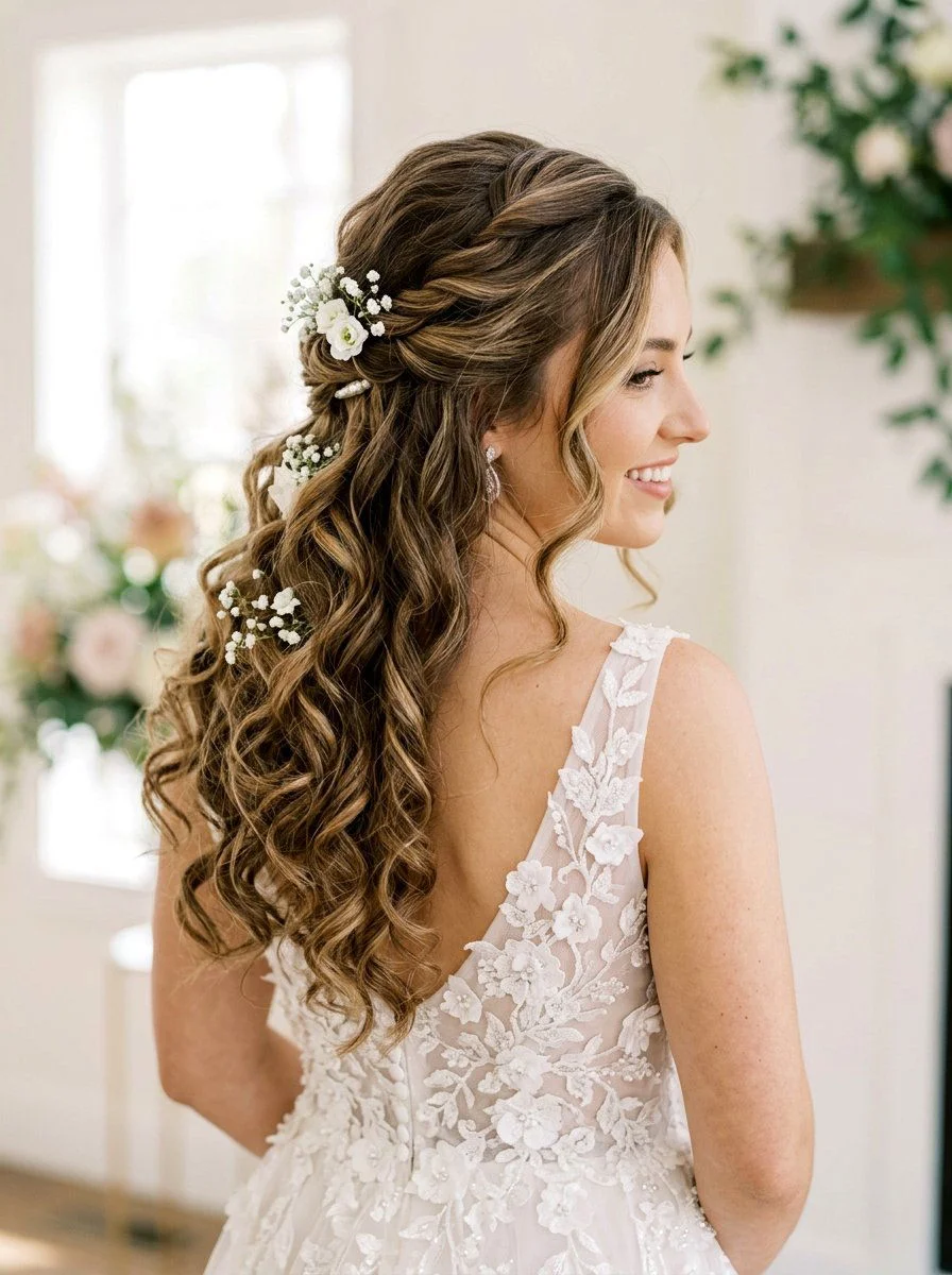 Bride with half-up curly wedding hair